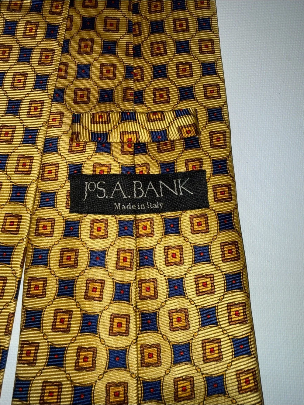 Jos. A. Bank Yellow Geometric Silk Tie with Blue and Brown Accents